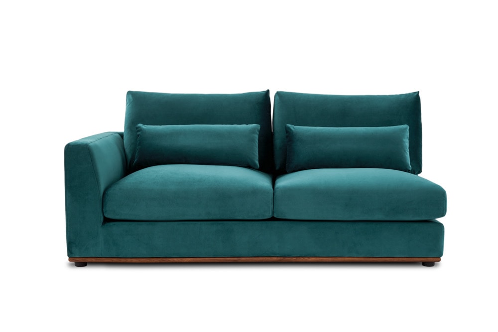 Alfie Left Facing 2 Seater Sofa, Walnut, Deep Teal Velvet Castlery